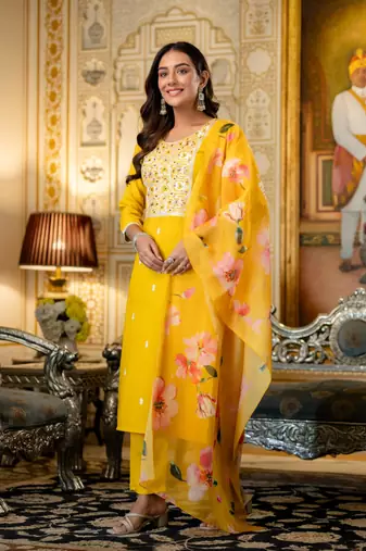 yellow viscose rayon embroidered kurta sets