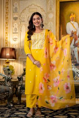 yellow viscose rayon embroidered kurta sets 1