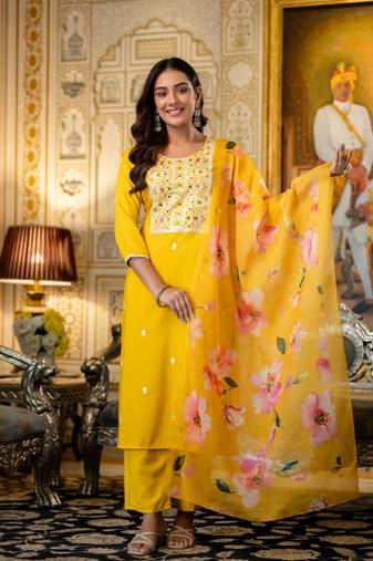 yellow viscose rayon embroidered kurta sets