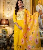 yellow viscose rayon embroidered kurta sets
