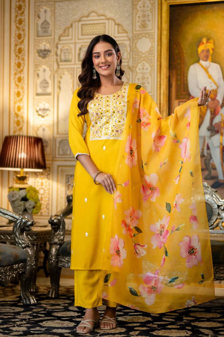 yellow viscose rayon embroidered kurta sets