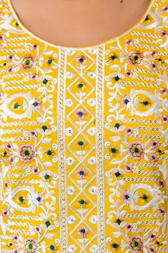 yellow viscose rayon embroidered kurta sets