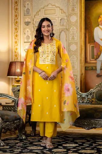 yellow viscose rayon embroidered kurta sets