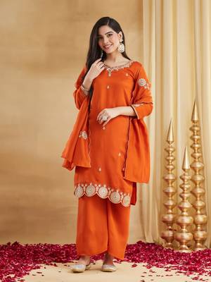 orange silk blend embroidered kurta sets 1