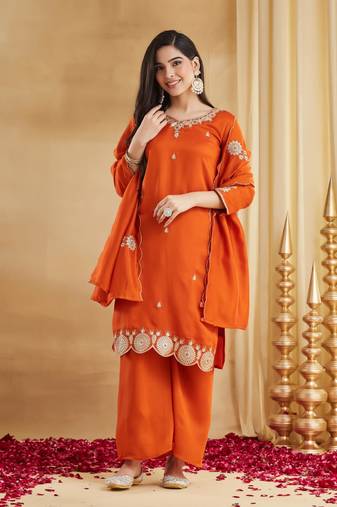 orange silk blend embroidered kurta sets