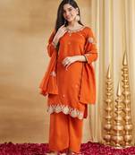 orange silk blend embroidered kurta sets