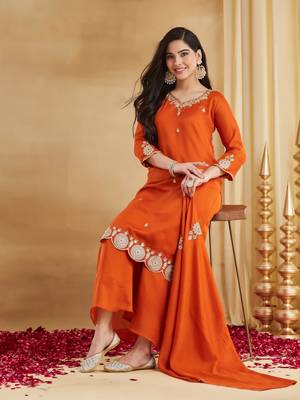 orange silk blend embroidered kurta sets 2