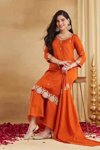 orange silk blend embroidered kurta sets
