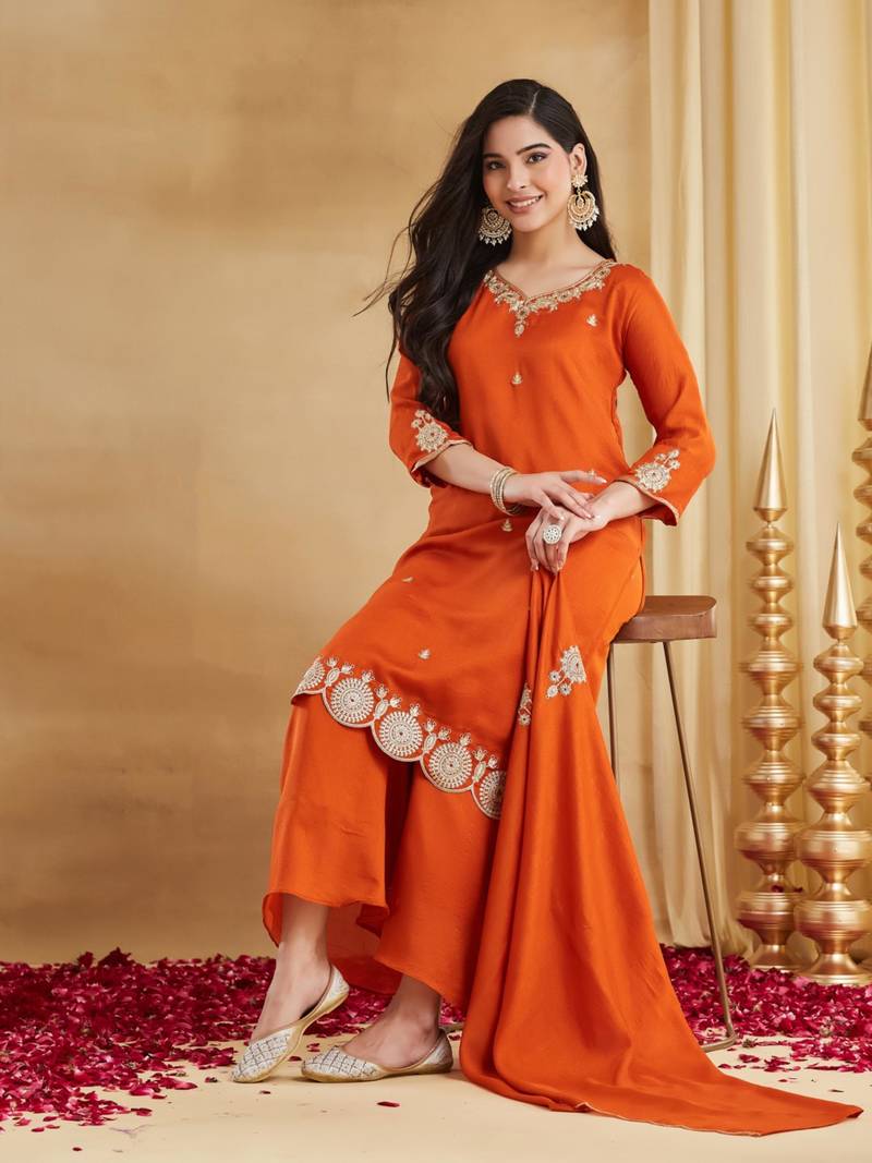 orange silk blend embroidered kurta sets