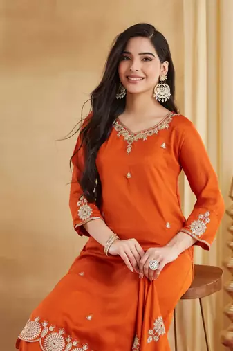 orange silk blend embroidered kurta sets