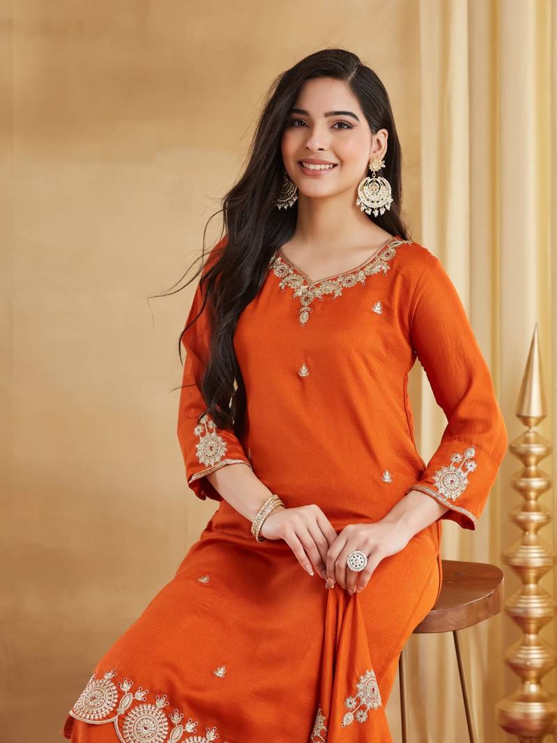 orange silk blend embroidered kurta sets