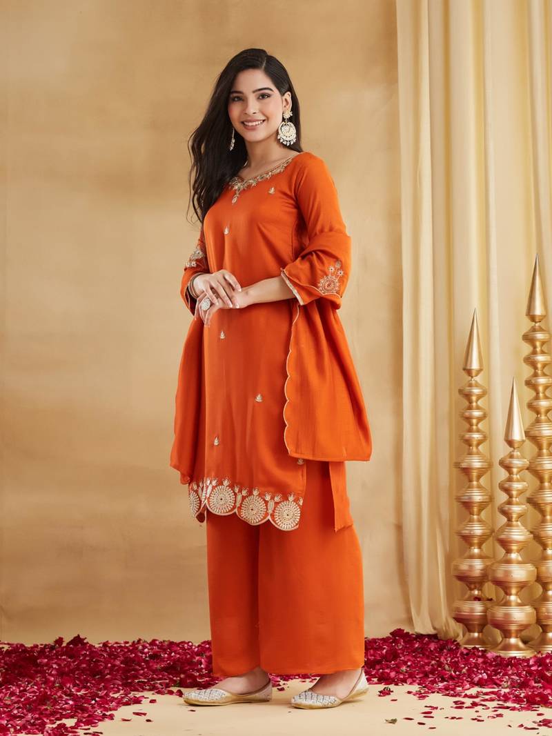 orange silk blend embroidered kurta sets