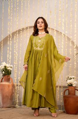 olive chanderi silk embroidered kurta sets 1