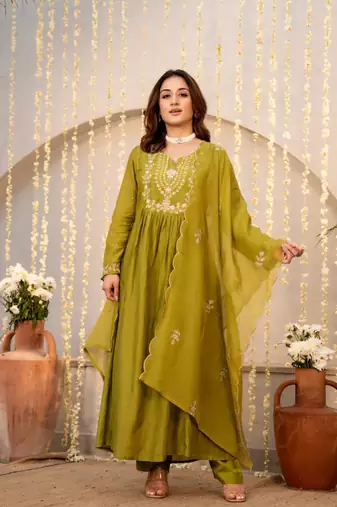 olive chanderi silk embroidered kurta sets