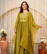 olive chanderi silk embroidered kurta sets