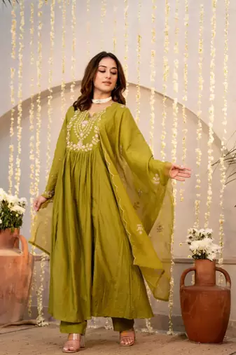 olive chanderi silk embroidered kurta sets