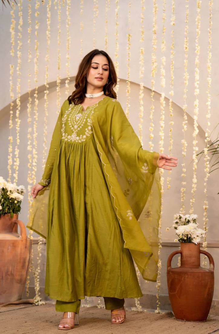 olive chanderi silk embroidered kurta sets