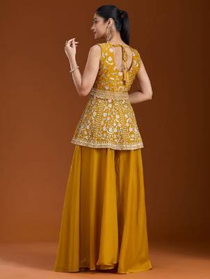 Yellow color star georgette party wear peplum sharara set 3