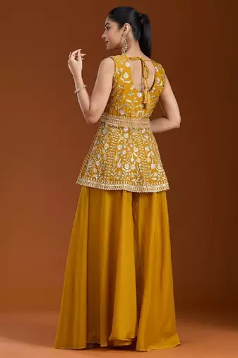Yellow color star georgette party wear designer peplum sharara set