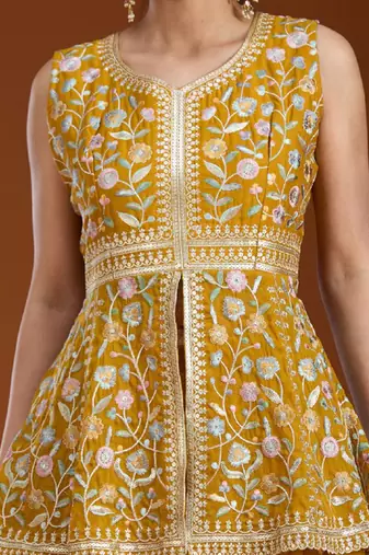 Yellow color star georgette party wear designer peplum sharara set