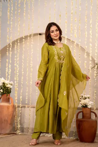 olive chanderi silk embroidered kurta sets