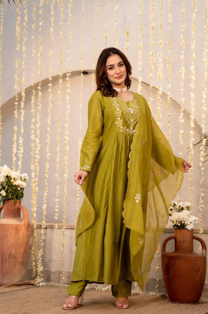 olive chanderi silk embroidered kurta sets