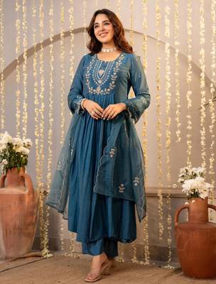 teal blue chanderi silk embroidered kurta sets 1