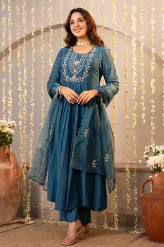 teal blue chanderi silk embroidered kurta sets