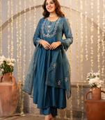 teal blue chanderi silk embroidered kurta sets