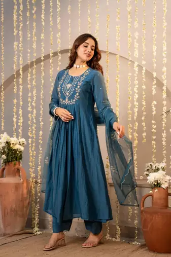 teal blue chanderi silk embroidered kurta sets