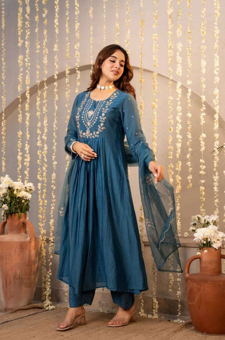 teal blue chanderi silk embroidered kurta sets