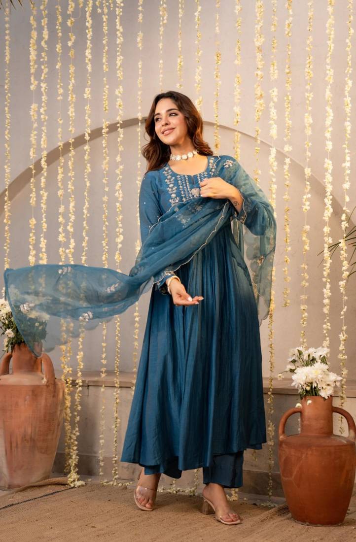 teal blue chanderi silk embroidered kurta sets