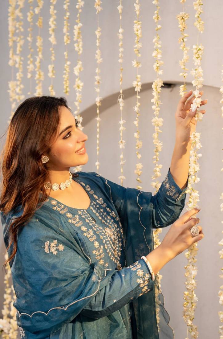 teal blue chanderi silk embroidered kurta sets