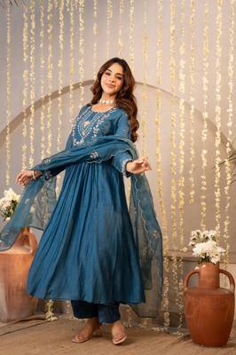 teal blue chanderi silk embroidered kurta sets 5