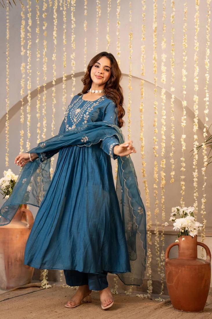 teal blue chanderi silk embroidered kurta sets