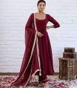 maroon chanderi silk embroidered kurta sets