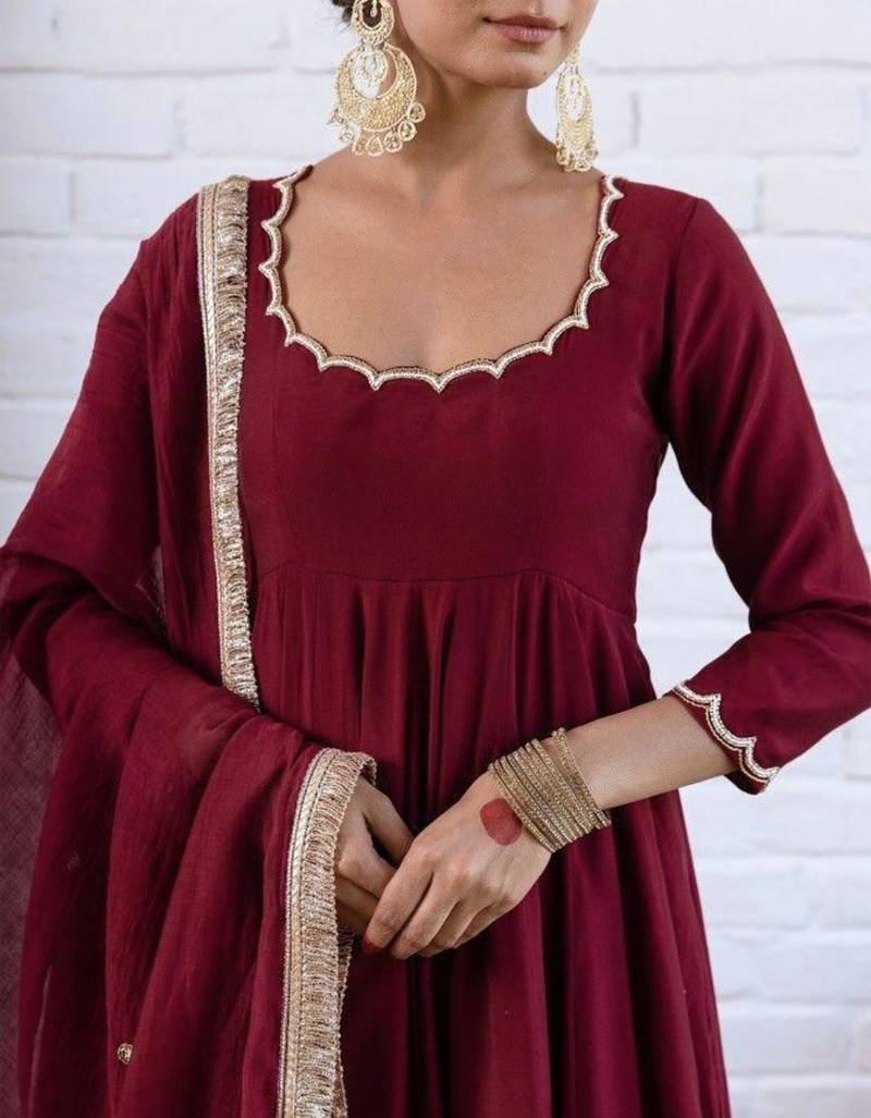 maroon chanderi silk embroidered kurta sets