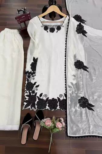white silk blend embroidered kurta sets