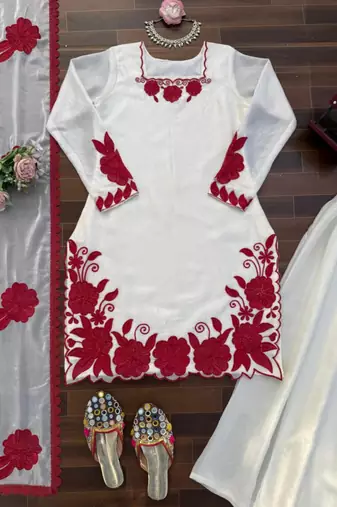 white silk blend embroidered kurta sets