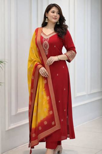 red silk blend embroidered kurta sets