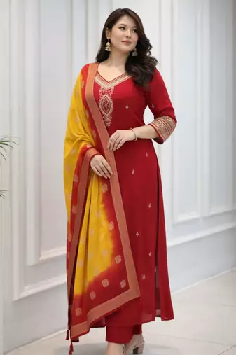 red silk blend embroidered kurta sets