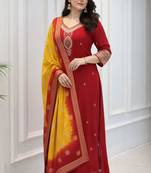 red silk blend embroidered kurta sets