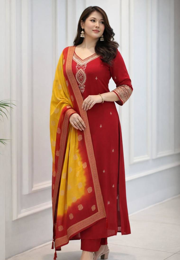 red silk blend embroidered kurta sets