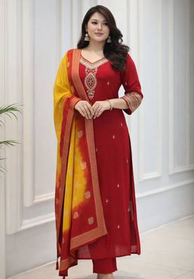 red silk blend embroidered kurta sets 2