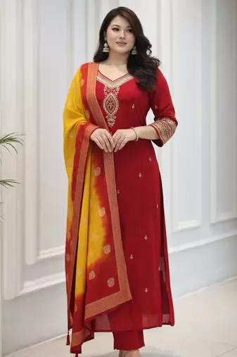 red silk blend embroidered kurta sets