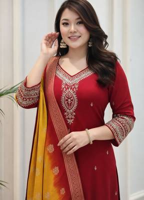 red silk blend embroidered kurta sets 3