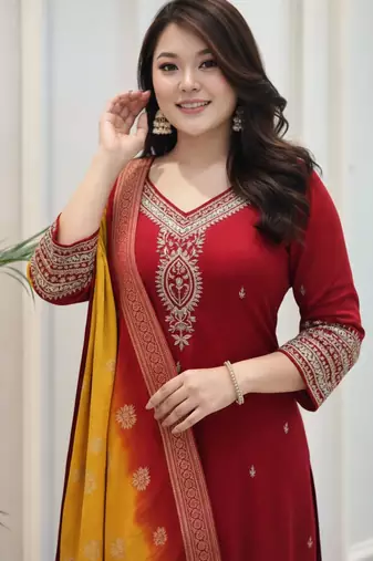 red silk blend embroidered kurta sets