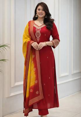 red silk blend embroidered kurta sets 4