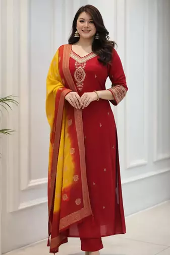 red silk blend embroidered kurta sets