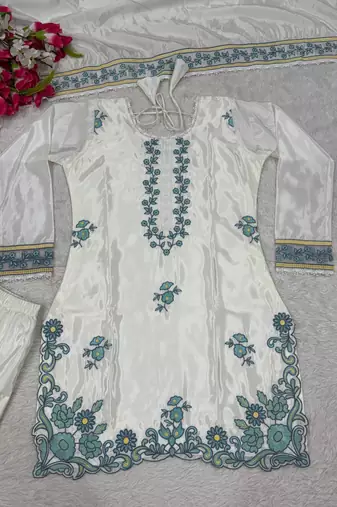 cream silk blend embroidered kurta sets